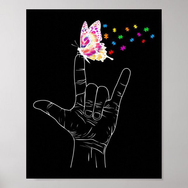 Póster ASL I Love You Hand Rótulo Language Butterfly Auti (Frente)