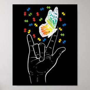 Póster Asl Love Rótulo Butterfly Puzzle Autism Awareness 