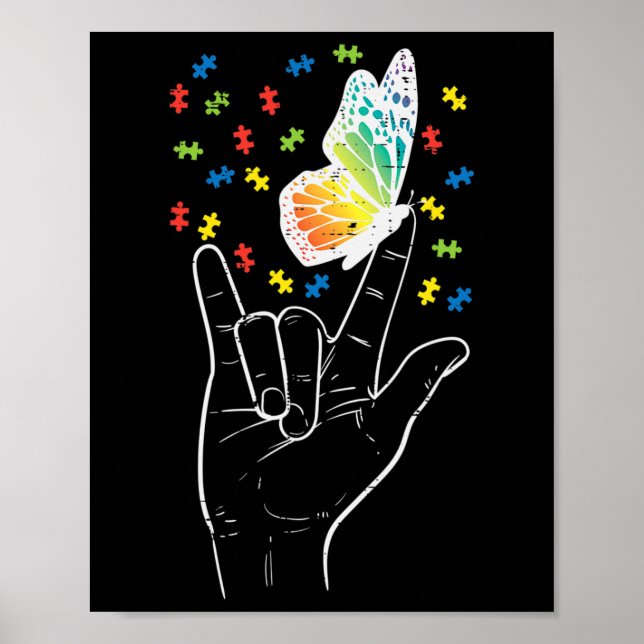 Póster Asl Love Rótulo Butterfly Puzzle Autism Awareness  (Frente)