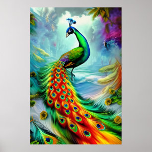 Póster Asombroso pavo real con magníficas plumas de cola