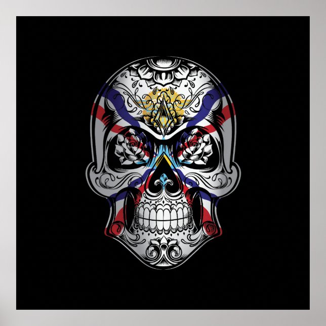 Póster Assyria Skull Y Bandera De Los Rosas (Frente)