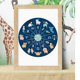 Póster Astrología para niños- Nursery Zodiac Wheel Azul