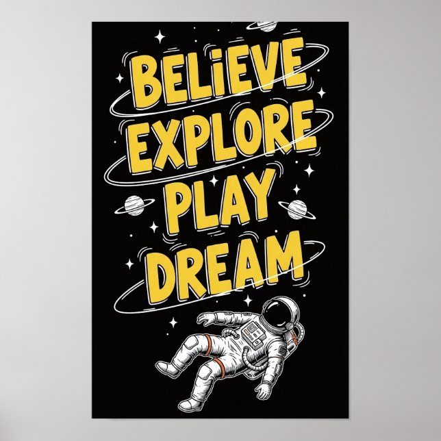 Póster Astronaut Floating in Space Dreamy Cosmic Believe, (Frente)