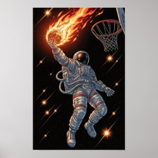 Póster Astronaut Hundiendo Balón de Baloncesto Fuego Diná