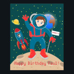 Póster Astronaut kid on the moon birthday party<br><div class="desc">This product is for boys that dream of becoming astronauts, space travelers or planet explorers! It features a cute little astronaut kid that landed on the moon. He left Earth behind and placed a flag on the surface of the moon. He’s inviting everyone to a party. His rocket ship is...</div>