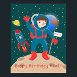 Póster Astronaut kid on the moon birthday party<br><div class="desc">This product is for boys that dream of becoming astronauts, space travelers or planet explorers! It features a cute little astronaut kid that landed on the moon. He left Earth behind and placed a flag on the surface of the moon. He’s inviting everyone to a party. His rocket ship is...</div>