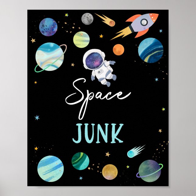 Póster Astronauta azul espacio basura Rótulo de cumpleaño (Frente)