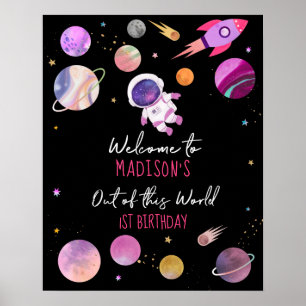 Póster Astronauta Chica rosa en el espacio exterior Bienv