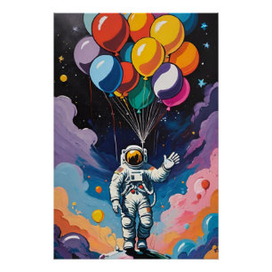 Póster Astronauta con globos coloridos en el espacio 