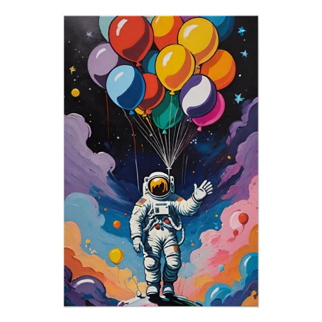 Póster Astronauta con globos coloridos en el espacio  (Anverso)