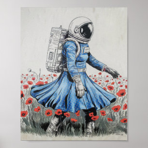 Póster astronauta con vestido azul caminando en amapolas