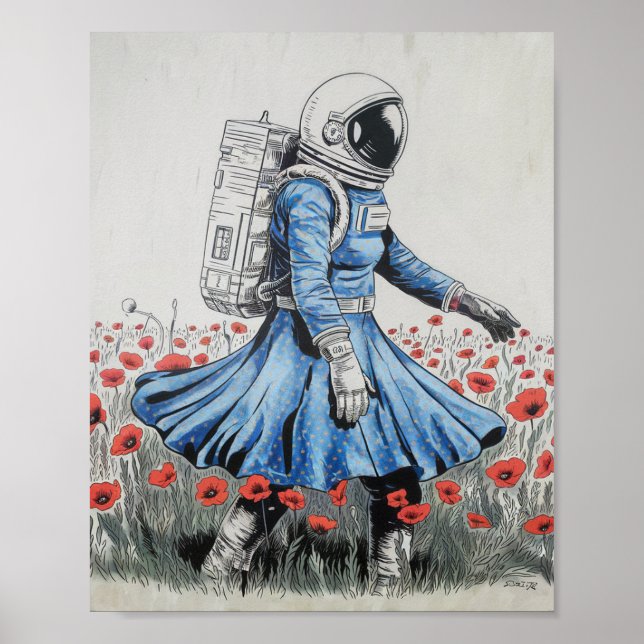 Póster astronauta con vestido azul caminando en amapolas (Frente)