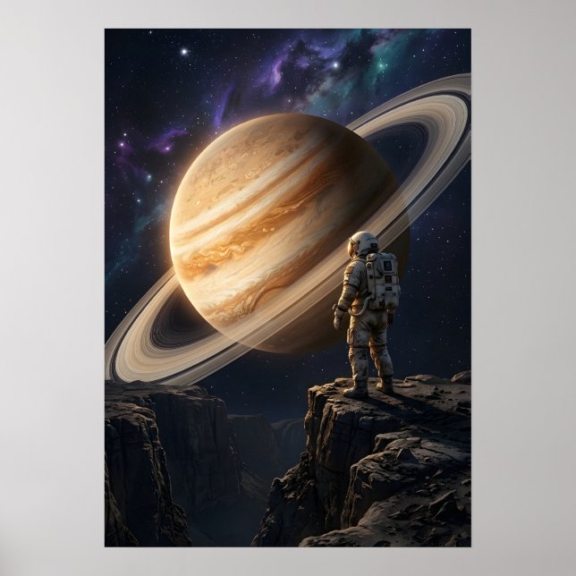 Póster Astronauta contemplando Saturno (Frente)