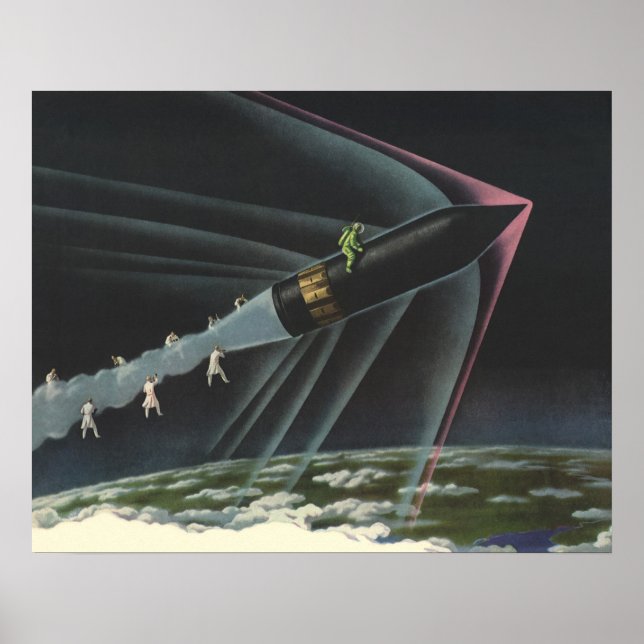 Póster Astronauta de ciencia ficción vintage montando un  (Frente)