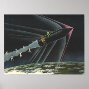 Póster Astronauta de ciencia ficción vintage montando un
