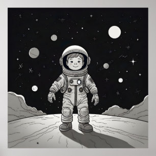 Póster Astronauta de niños pequeños en la luna
