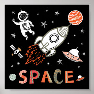 Póster Astronauta del espacio exterior cohete nave planet