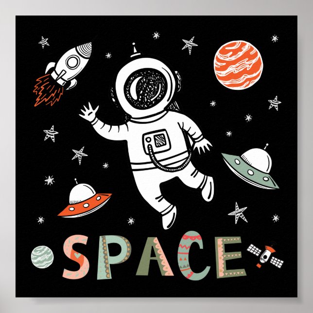 Póster Astronauta del espacio exterior cohete nave planet (Frente)