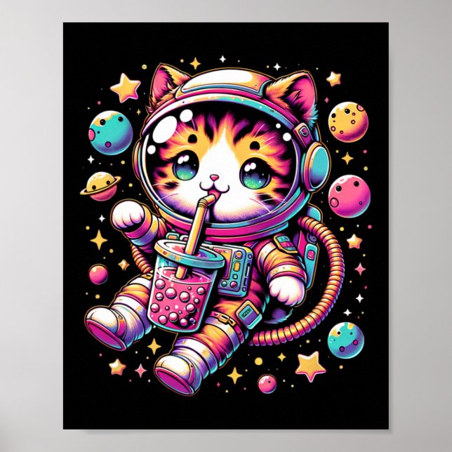 Póster Astronauta divertida Kawaii Boba Tea Cat (Frente)