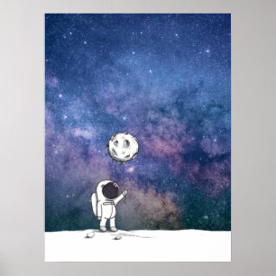 Póster Astronauta en el espacio con globo lunar cosmos es
