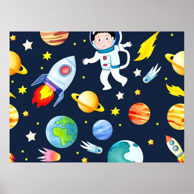Póster Astronauta en el espacio planetas y cohetes Patrón (Frente)