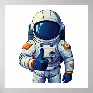 Póster astronauta en traje espacial mostrando pulgar haci