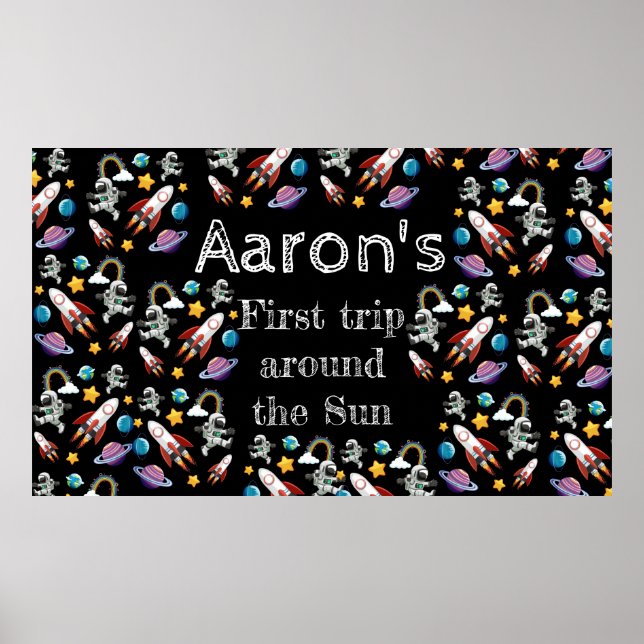 Póster Astronauta espacial Black First Birthday Party (Frente)