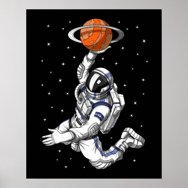 Póster Astronauta espacial jugando básquetbol (Frente)