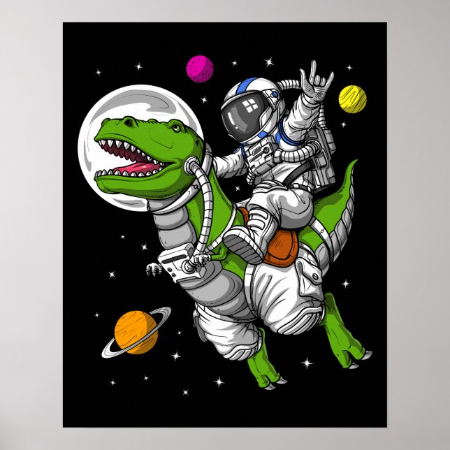 Póster Astronauta espacial montando dinosaurio T-Rex (Frente)