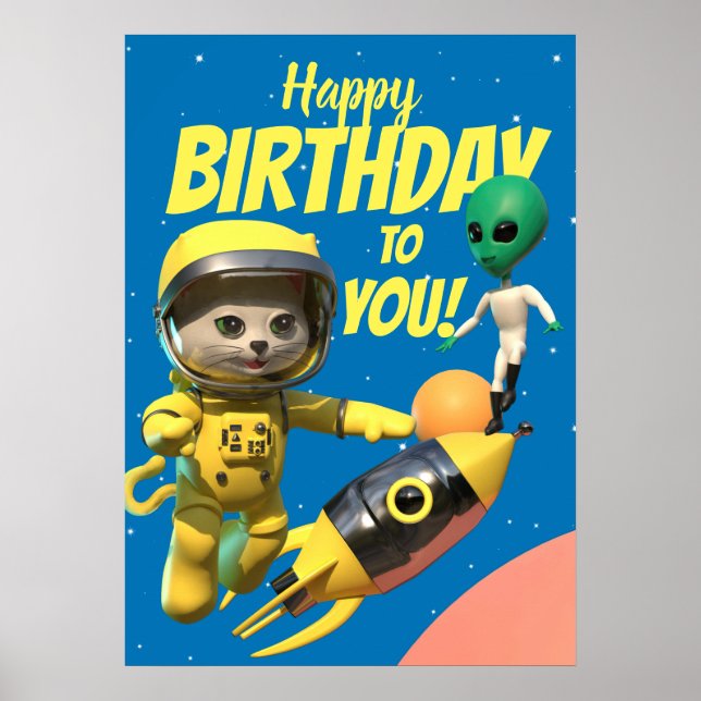 Póster Astronauta feliz cumpleaños y diversión para extra (Frente)