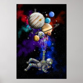 Póster Astronauta flotando en el espacio con globos