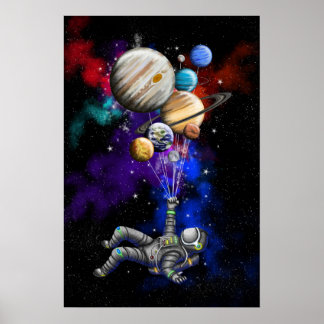 Póster Astronauta flotando en el espacio con globos