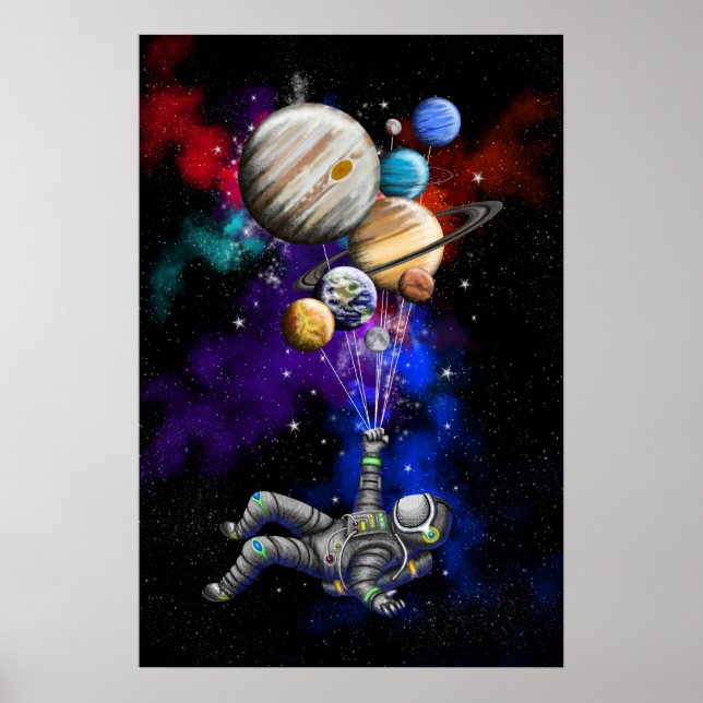 Póster Astronauta flotando en el espacio con globos (Frente)