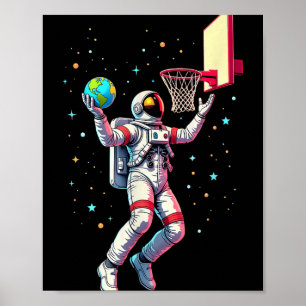 Póster Astronauta jugando a planetas de baloncesto en el