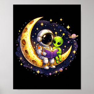 Póster Astronauta leyendo libro al espacio lunar alieníge