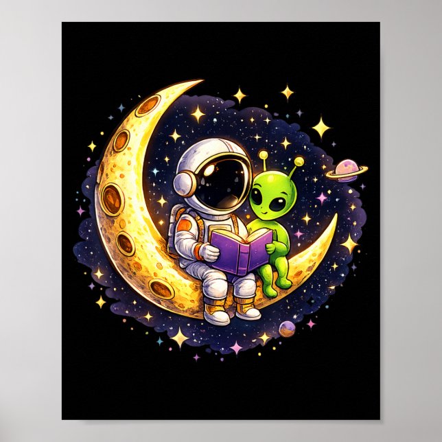 Póster Astronauta leyendo libro al espacio lunar alieníge (Frente)