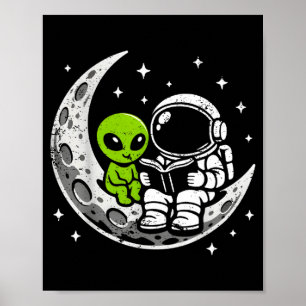 Póster Astronauta leyendo libro alienígena luna espacio