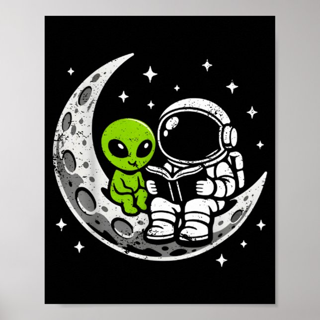 Póster Astronauta leyendo libro alienígena luna espacio  (Frente)