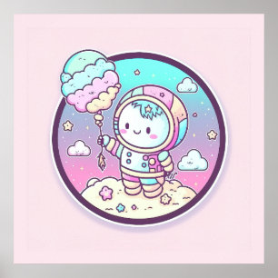 Póster Astronauta lindo con baluón helado en la luna