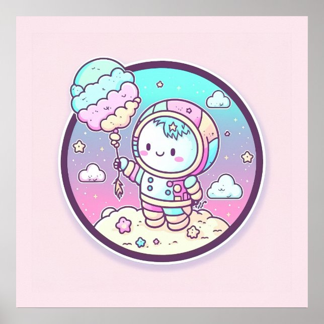 Póster Astronauta lindo con baluón helado en la luna | (Frente)