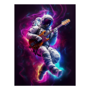 Póster Astronauta neón tocando guitarra en galaxia
