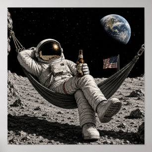 Póster Astronauta relajándose con cerveza en la Luna