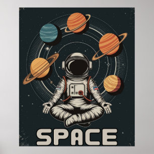 Póster Astronauta Retro Medita en el Espacio