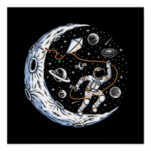 Póster Astronauta volando una cometa en la Luna