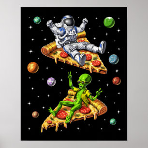 Póster Astronauta Y Extranjero Montando Pizza