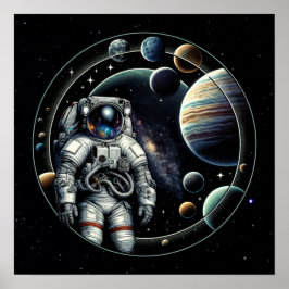 Póster Astronauta y planetas de época