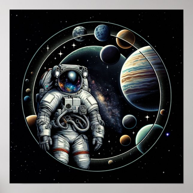 Póster Astronauta y planetas de época (Frente)