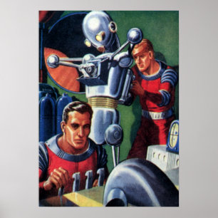 Póster Astronautas de ciencia ficción vintage reparando u