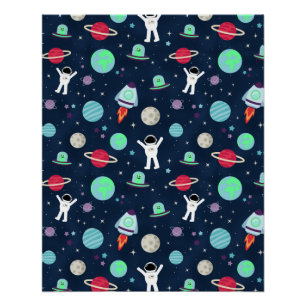 Póster Astronautas Planetas Cohetes y Alienígenas