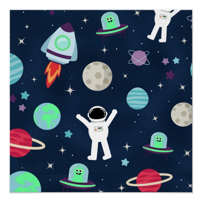 Póster Astronautas Planetas Cohetes y Alienígenas (Anverso)
